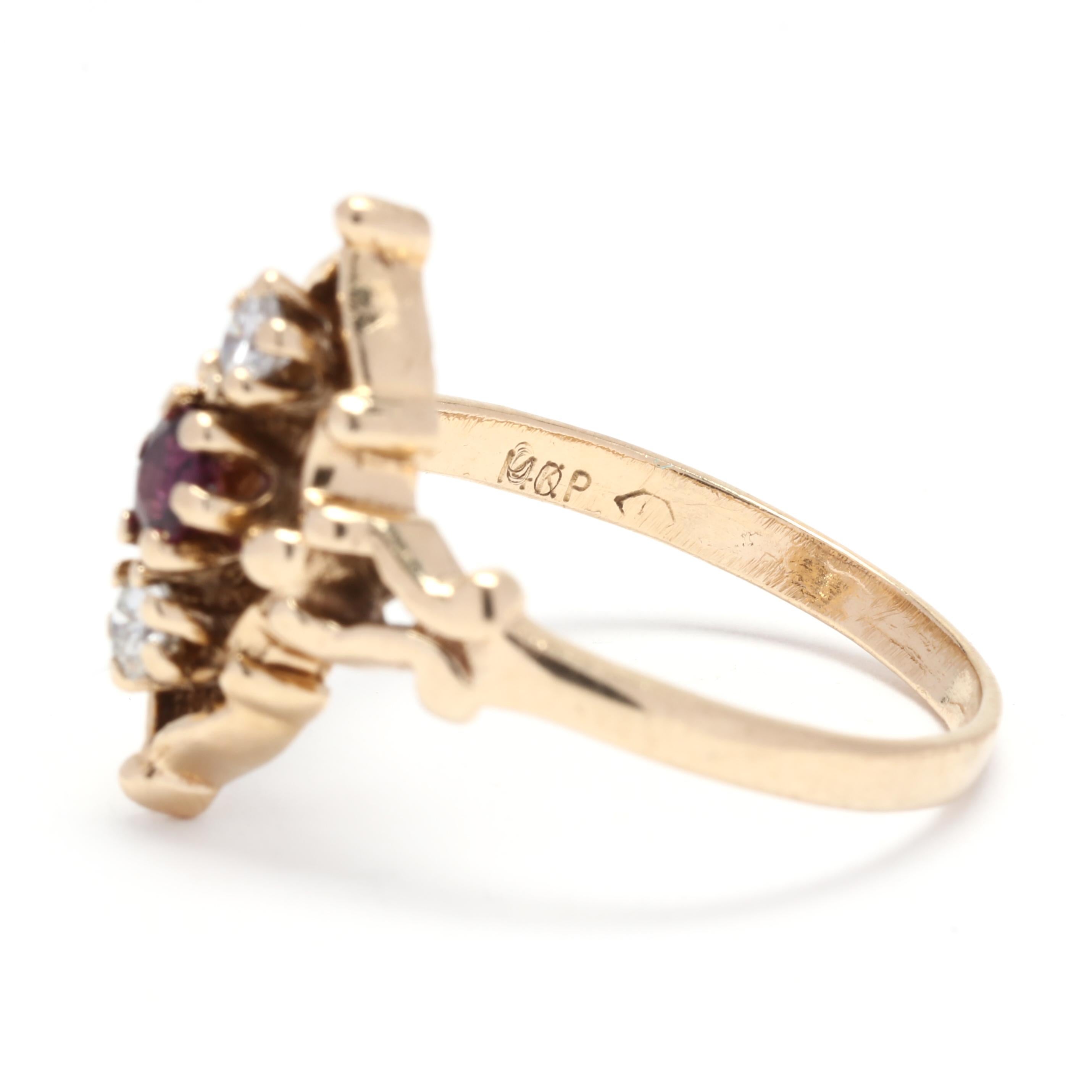 Women's or Men's Ruby Diamond Navette Ring, 14K Yellow Gold, Ring Size 6.5, Diamond Statement