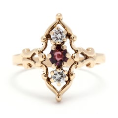 Ruby Diamond Navette Ring, 14K Yellow Gold, Ring Size 6.5, Diamond Statement 
