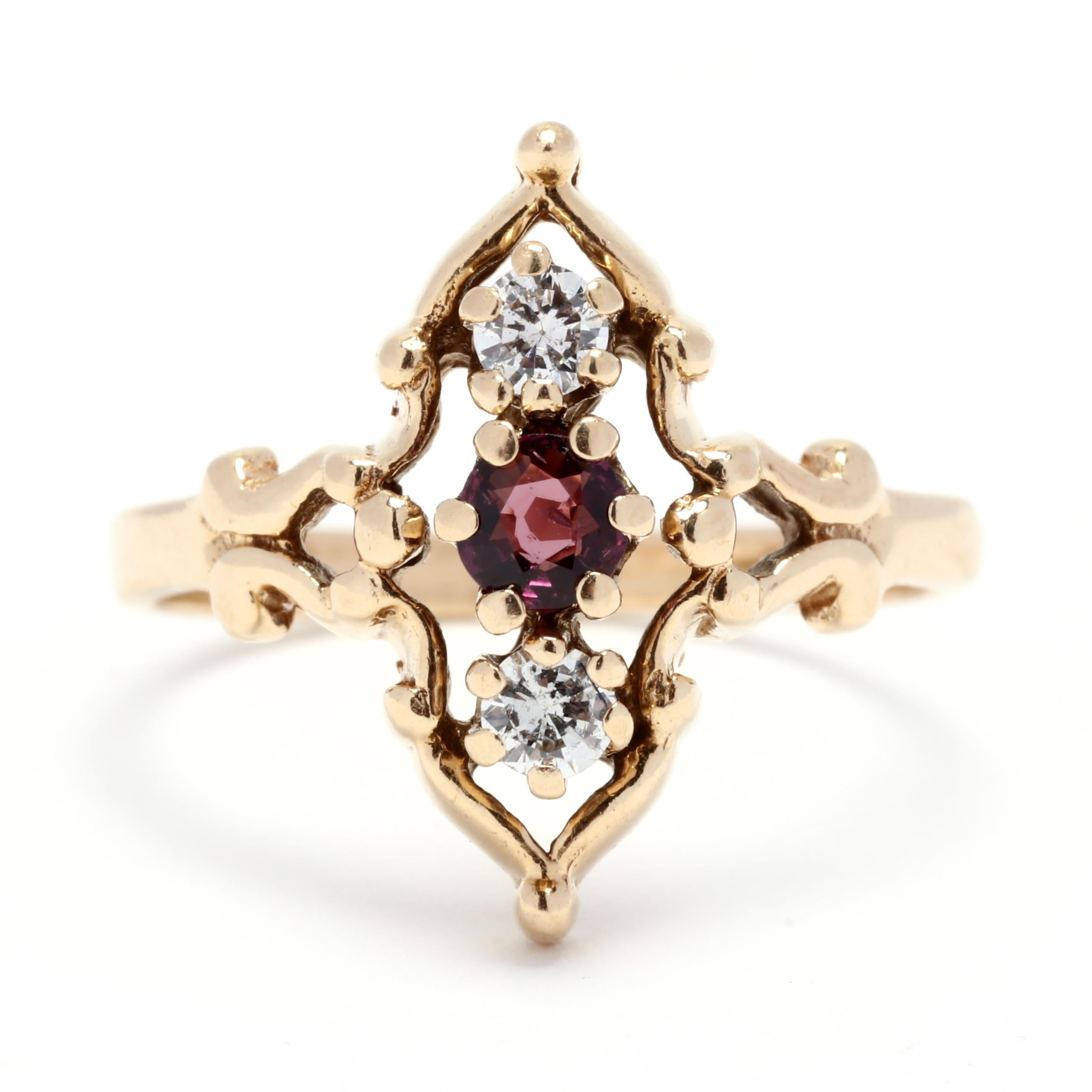 Ruby Diamond Navette Ring, 14K Yellow Gold, Ring Size 6.5, Diamond Statement