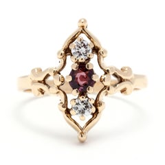 Ruby Diamond Navette Ring, 14K Yellow Gold, Ring Size 6.5, Diamond Statement