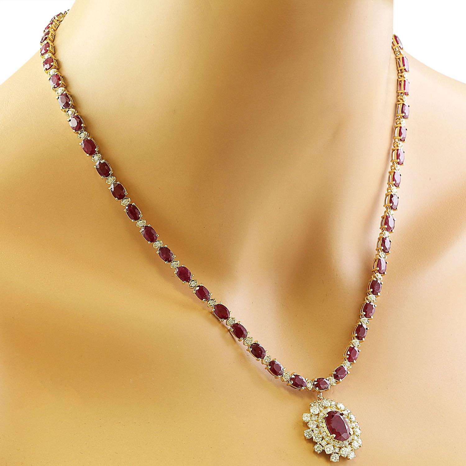 33.63 Carat Natural Ruby 14 Karat Solid Yellow Gold Diamond Necklace
Stamped: 14K
Total Necklace Weight: 25.6 Grams
Necklace Length: 18 Inches
Center Ruby Weight: 3.33 Carat (11.00x9.00 Millimeters)
Side Ruby Weight: 27.00 Carat (6.00x4.00