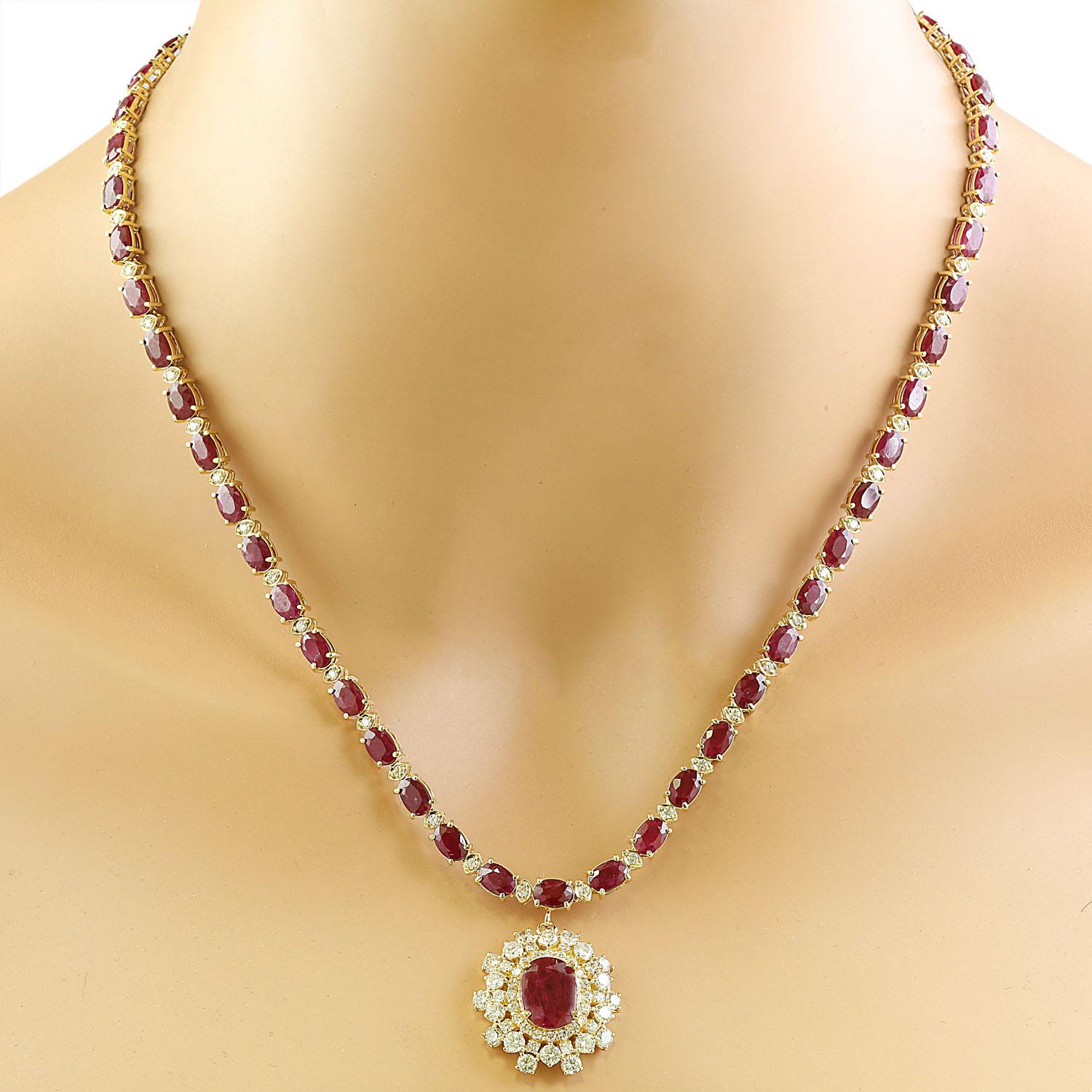 Oval Cut Ruby Diamond Necklace In 14 Karat Yellow Gold  For Sale