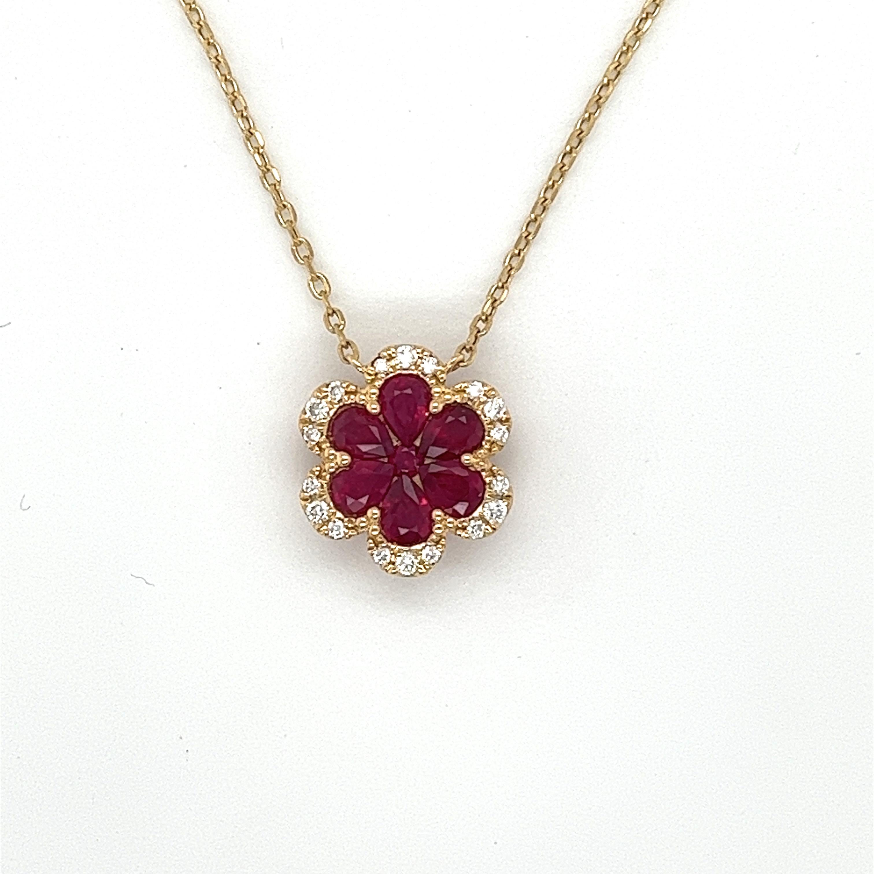 Halskette mit Rubin und Diamanten aus 18 Karat Gelbgold (Tropfenschliff) im Angebot