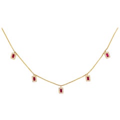Ruby Diamond Necklace with Halo Drops in 14 Karat Gold 70 Diamonds and 5 Rubies