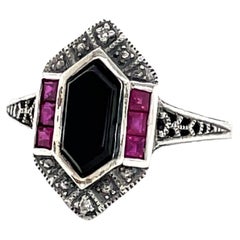 Ruby Diamond Onyx Sterling Silver Art Deco Style Filigree Ring