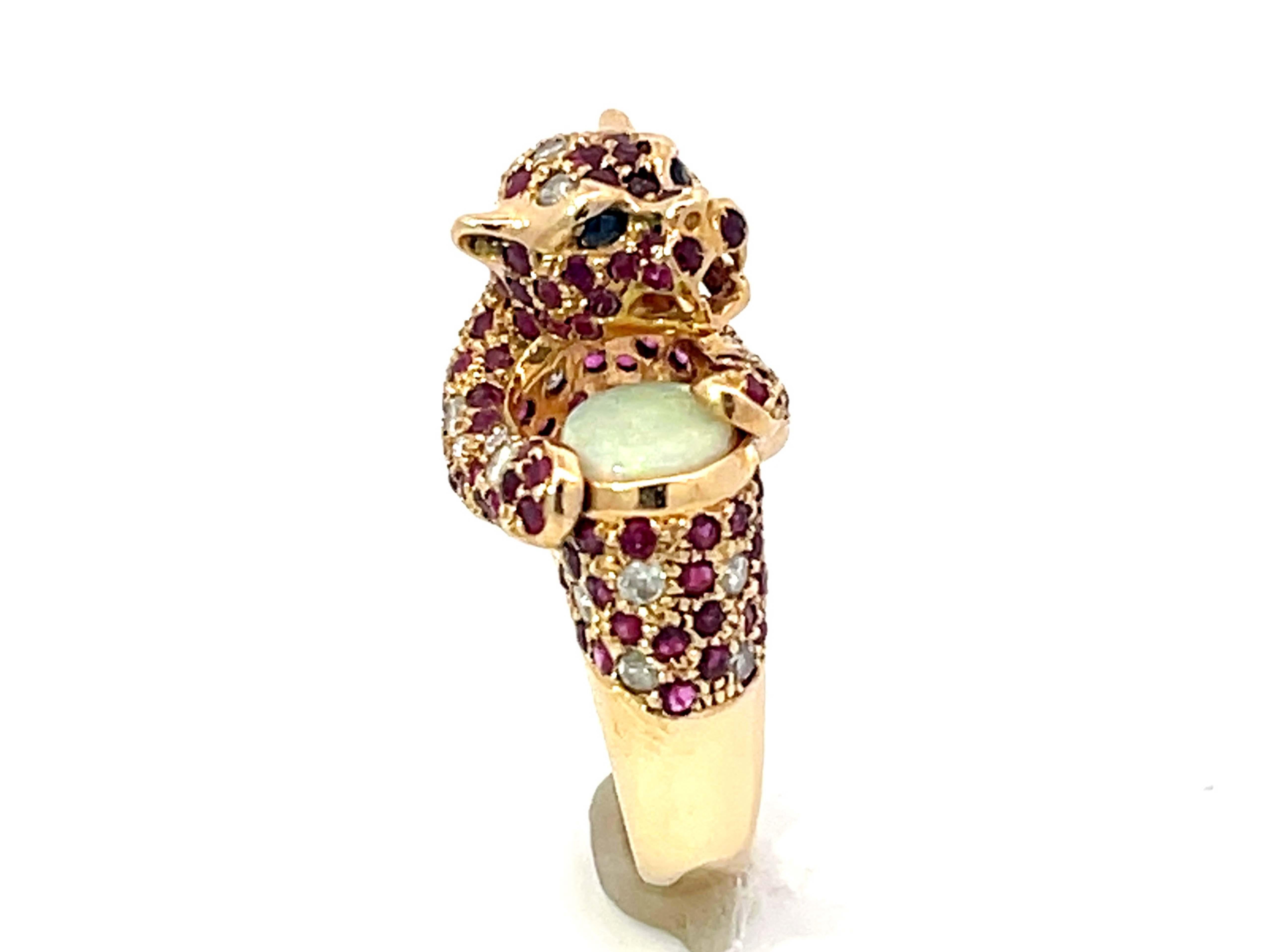 Brilliant Cut Ruby Diamond Opal and Sapphire Jaguar Ring in 14k Yellow Gold