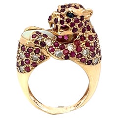 Ruby Diamond Opal and Sapphire Jaguar Ring in 14k Yellow Gold