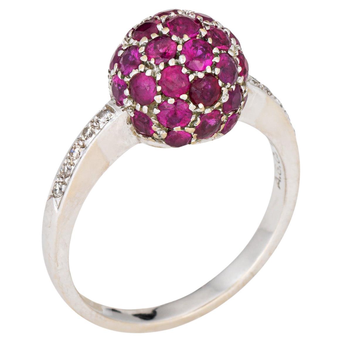 Ruby Diamond Orb Stacking Ring Sz 6.5 18k White Gold Band Estate Fine Jewelry For Sale