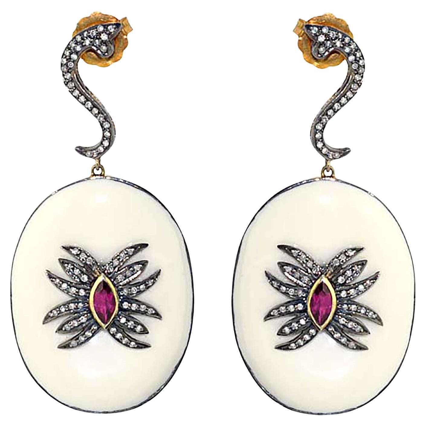 Ruby 
Diamond Oval Drop Earrings In 14K Gold 
Silver For Sale