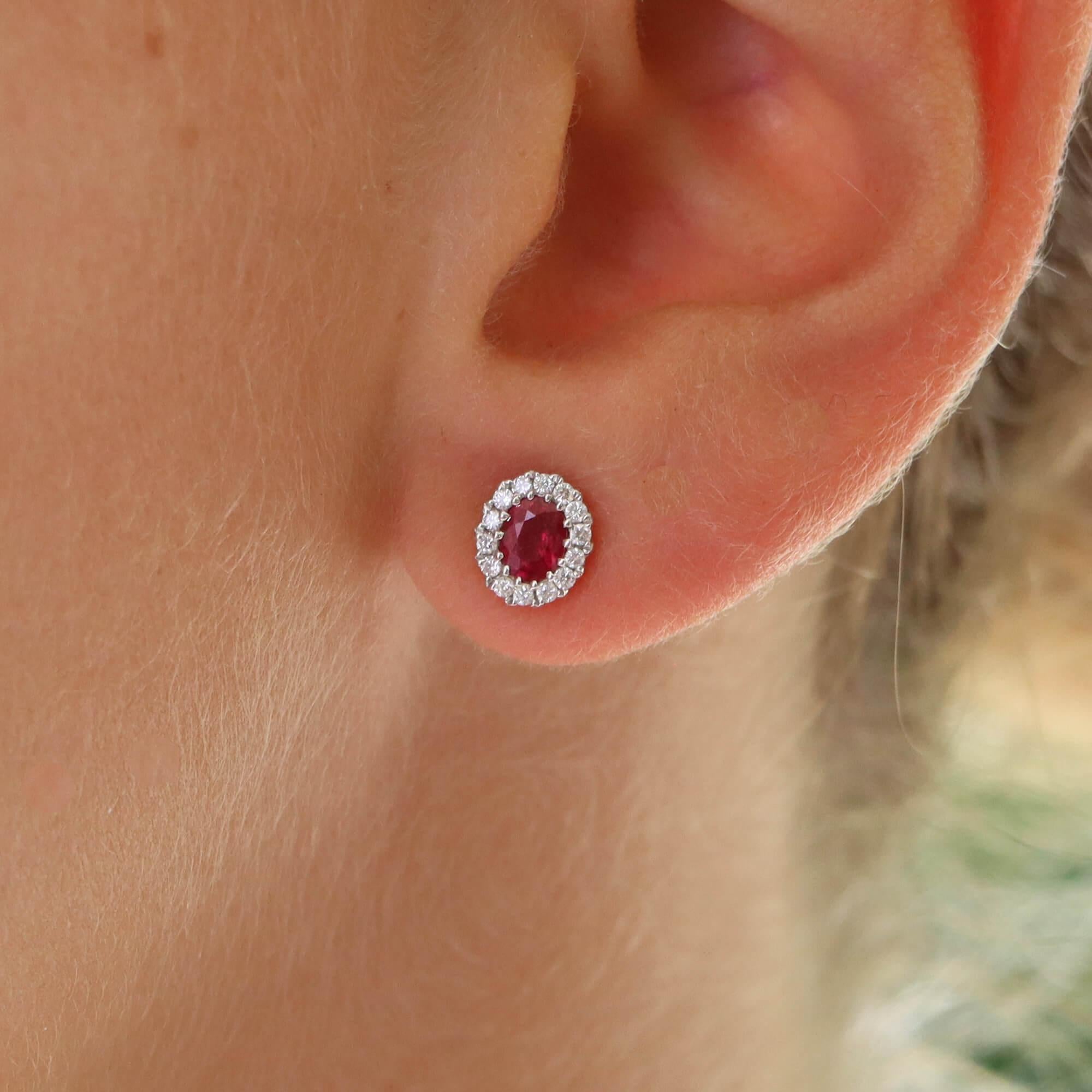 Oval Cut Ruby & Diamond Oval Gold Cluster Stud Earrings For Sale