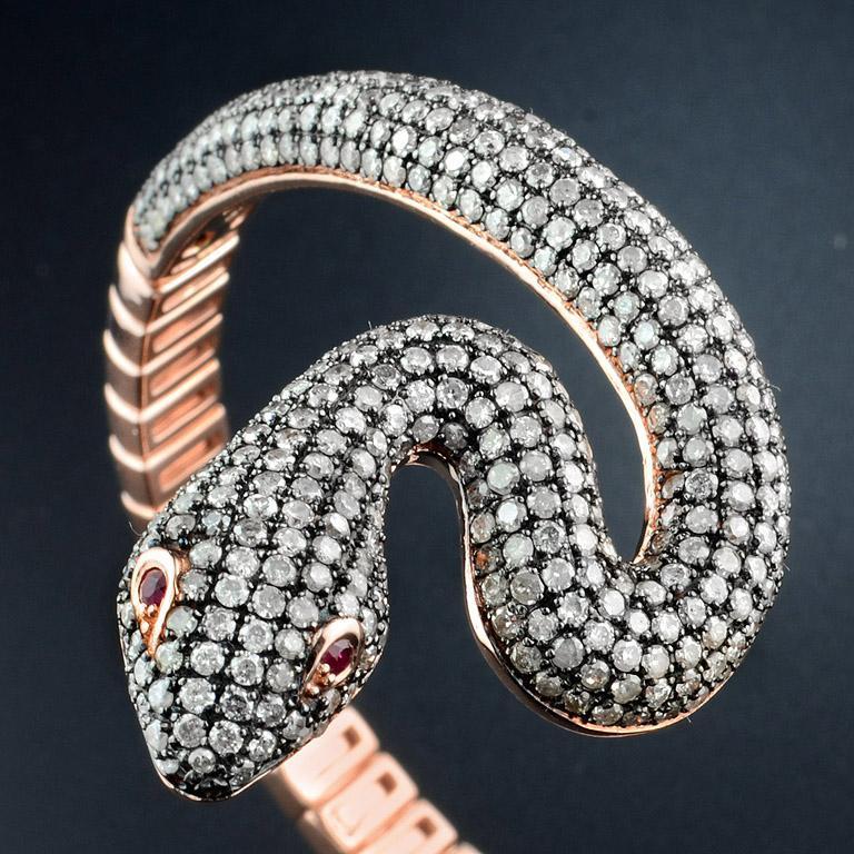 Ruby Diamond Pave Set Snake Bangle Bracelet Cuff in 14K Rose Gold In New Condition For Sale In Oakton, VA