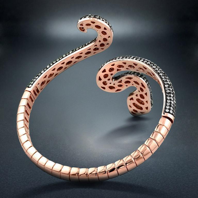 Women's Ruby Diamond Pave Set Snake Bangle Bracelet Cuff in 14K Rose Gold For Sale