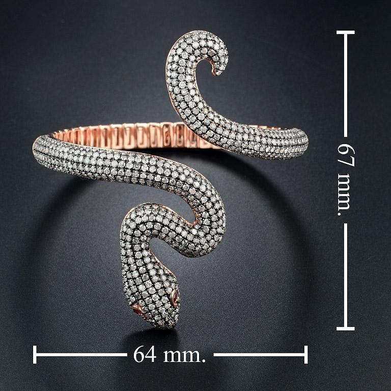 Ruby Diamond Pave Set Snake Bangle Bracelet Cuff in 14K Rose Gold For Sale 1