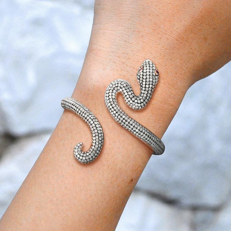 Ruby Diamond Pave Set Snake Bangle Bracelet Cuff in 14K Rose Gold For Sale 2