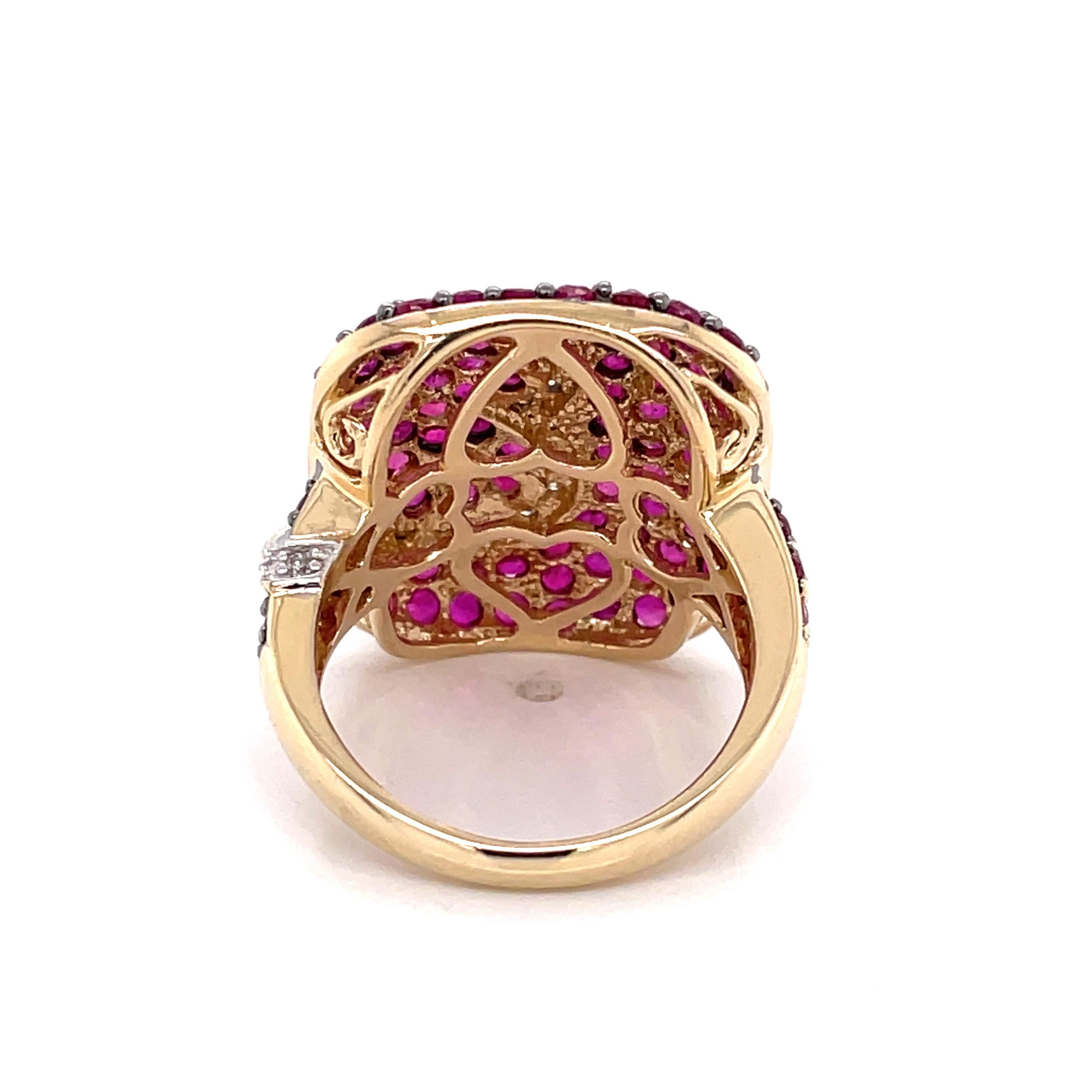 Ruby Diamond Pave Square Dome 14K Yellow Gold Cocktail Ring For Sale 1