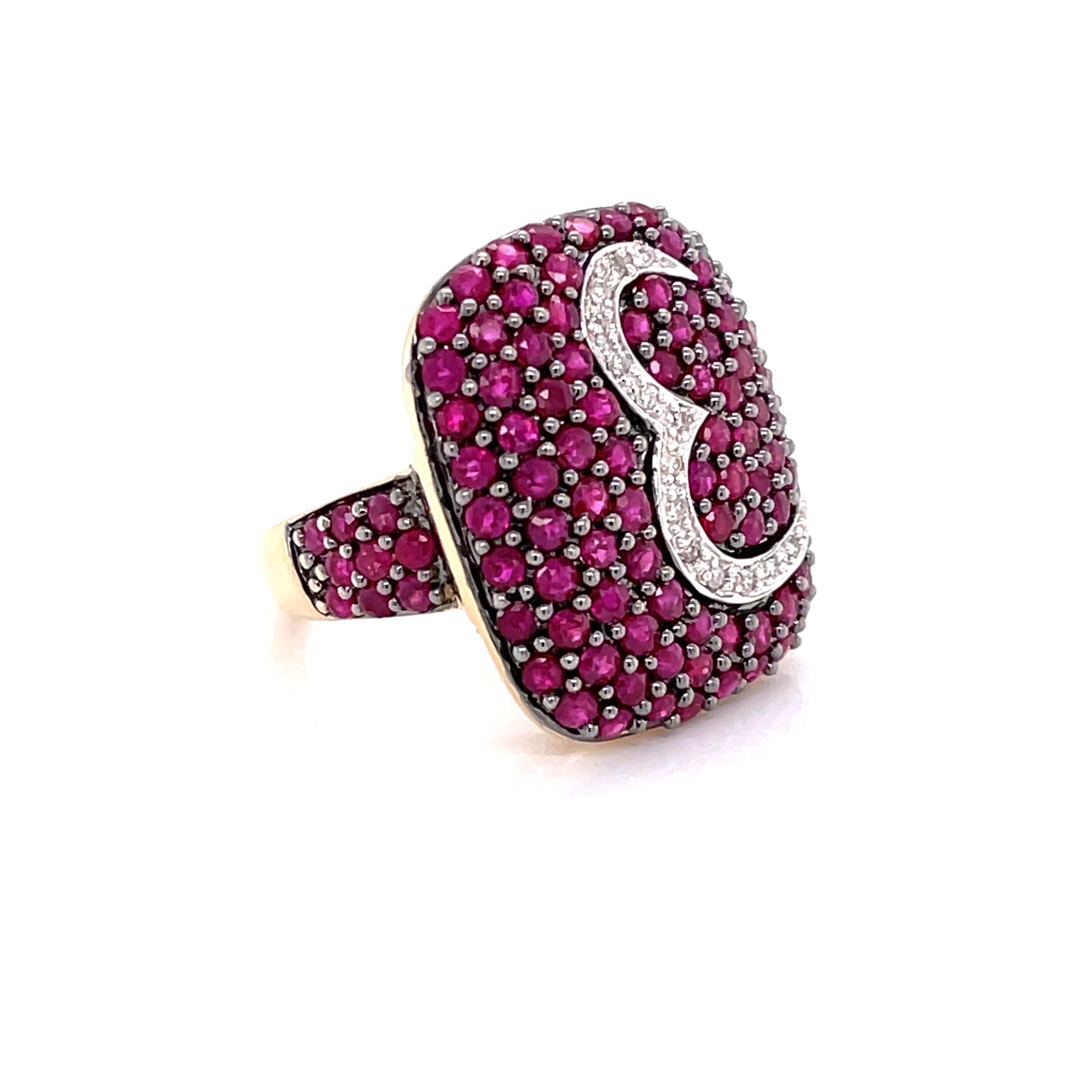 Ruby Diamond Pave Square Dome 14K Yellow Gold Cocktail Ring 3