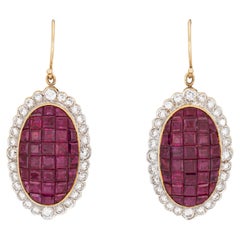 Ruby Diamond Pendant Drop Earrings Estate 18k Yellow Gold Dangle Calibre Jewelry