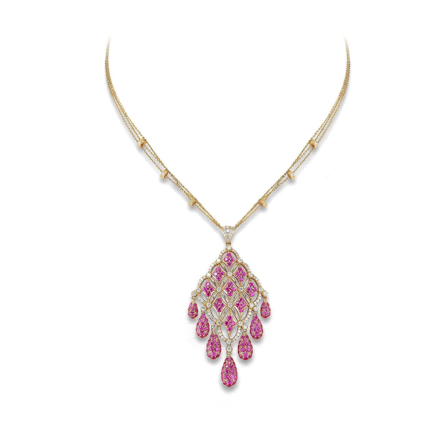 Pendant in 18kt yellow gold set with 110 diamonds 1.45 cts and 137 rubies 6.24 cts  