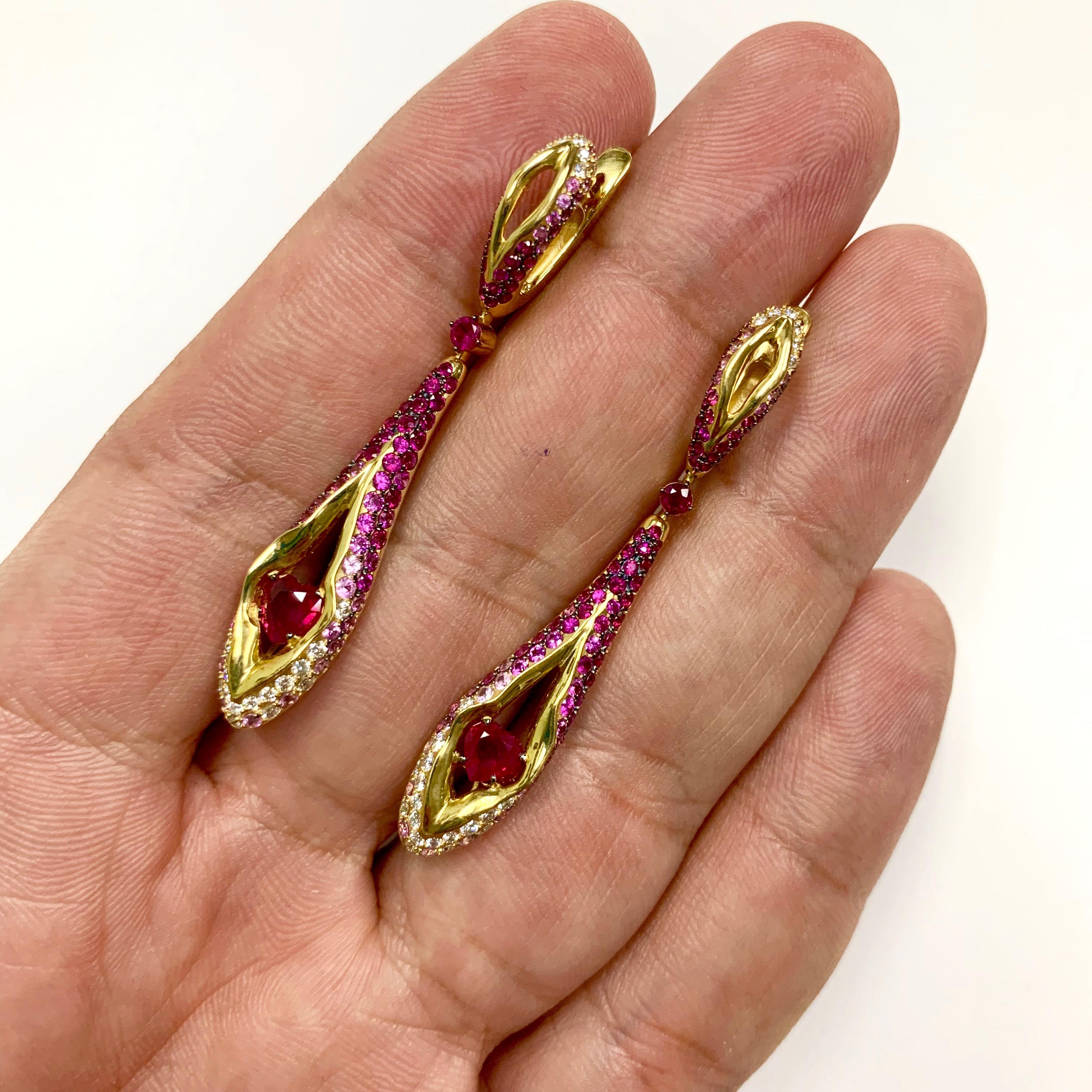 Contemporary Ruby Diamond Pink Sapphire 18 Karat Yellow Gold HeartBeat Earrings For Sale