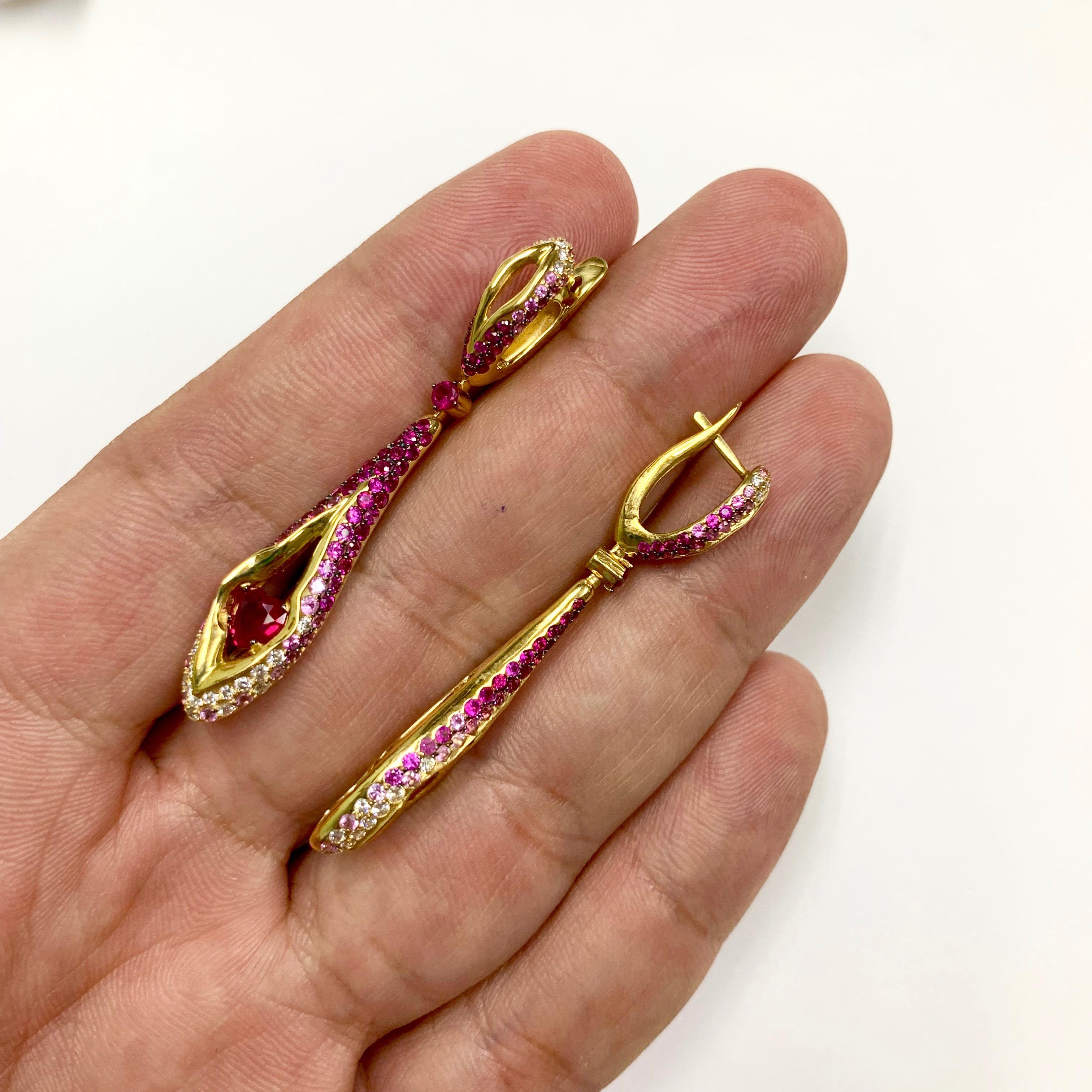 Women's Ruby Diamond Pink Sapphire 18 Karat Yellow Gold HeartBeat Earrings For Sale