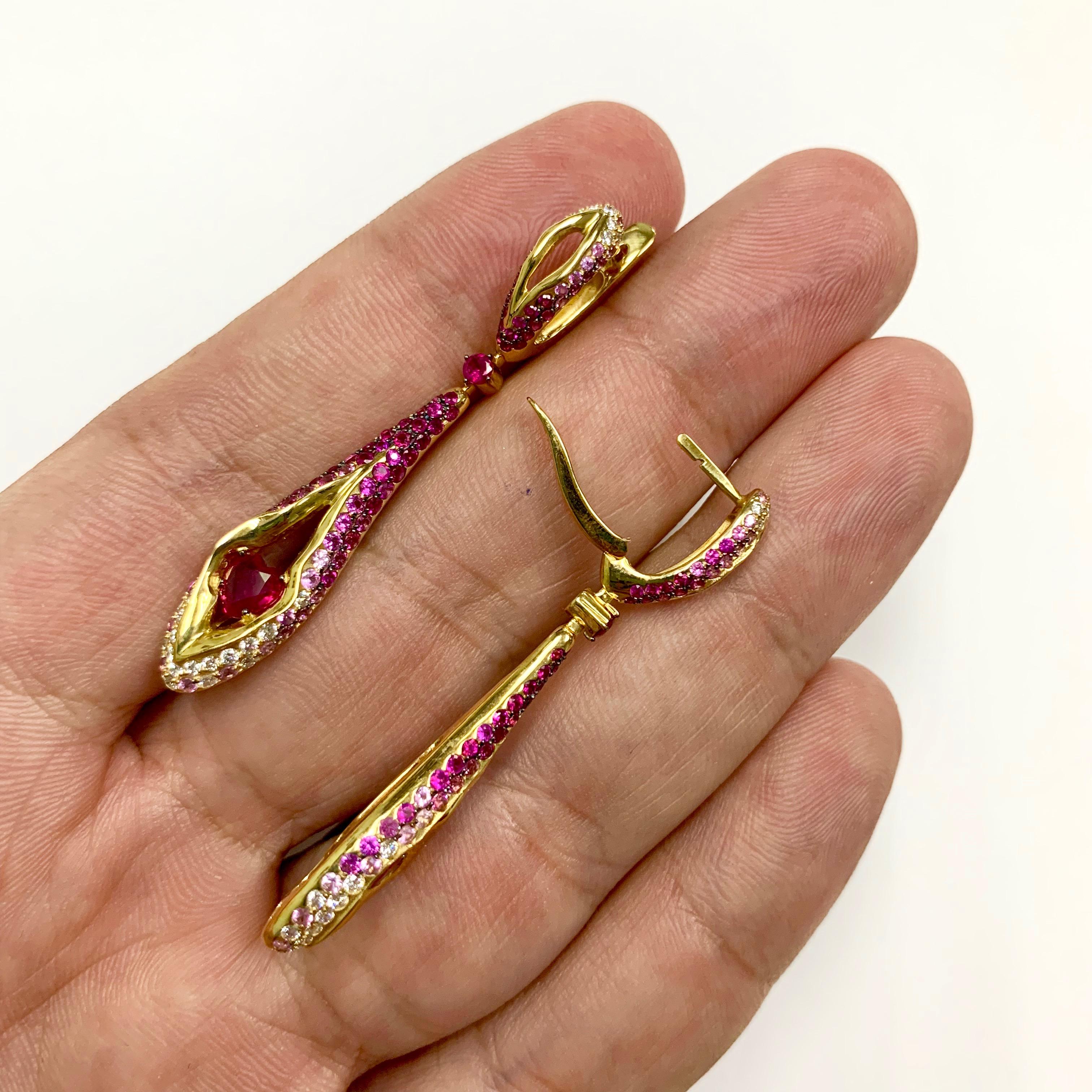 Ruby Diamond Pink Sapphire 18 Karat Yellow Gold HeartBeat Earrings For Sale 1
