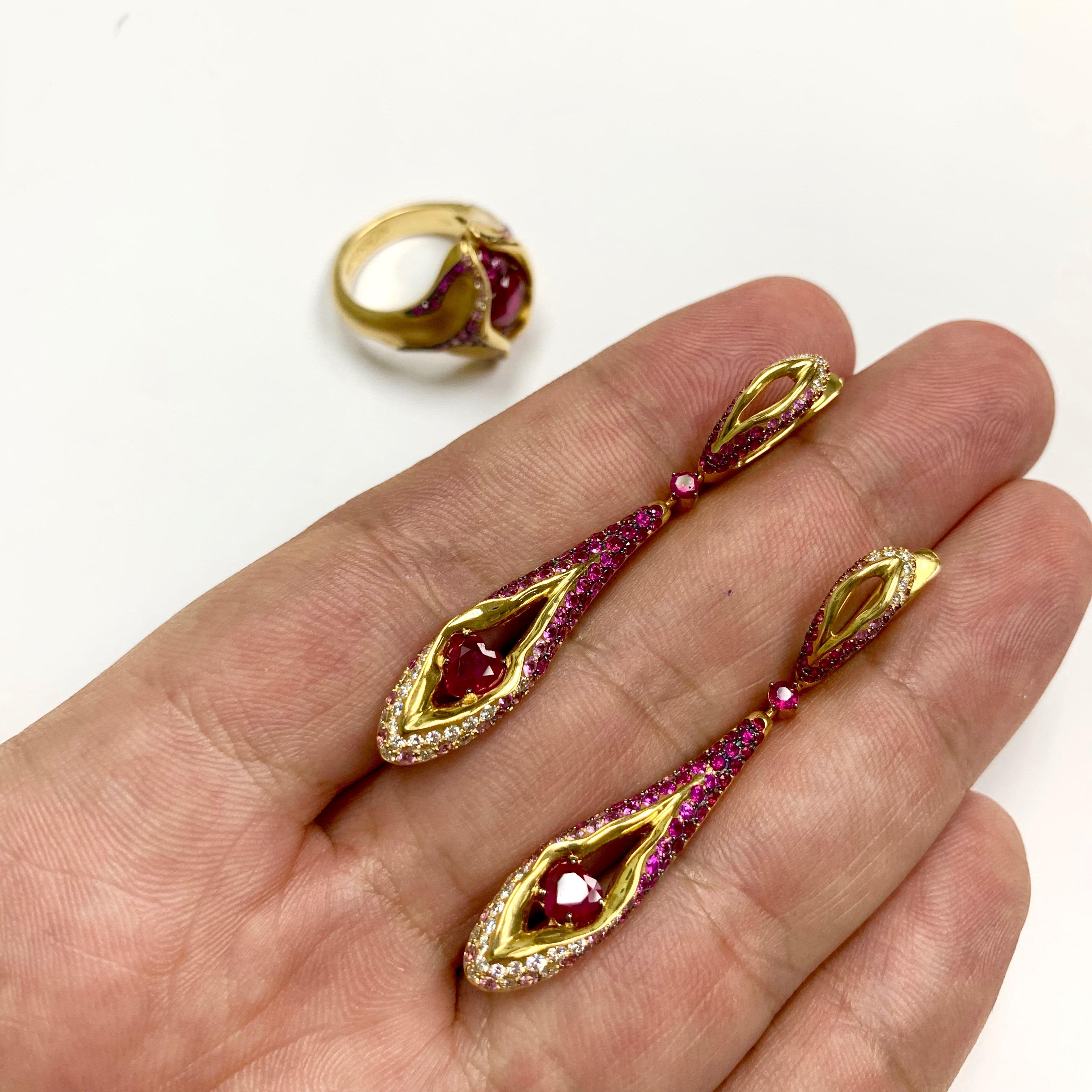 Ruby Diamond Pink Sapphire 18 Karat Yellow Gold HeartBeat Earrings For Sale 2
