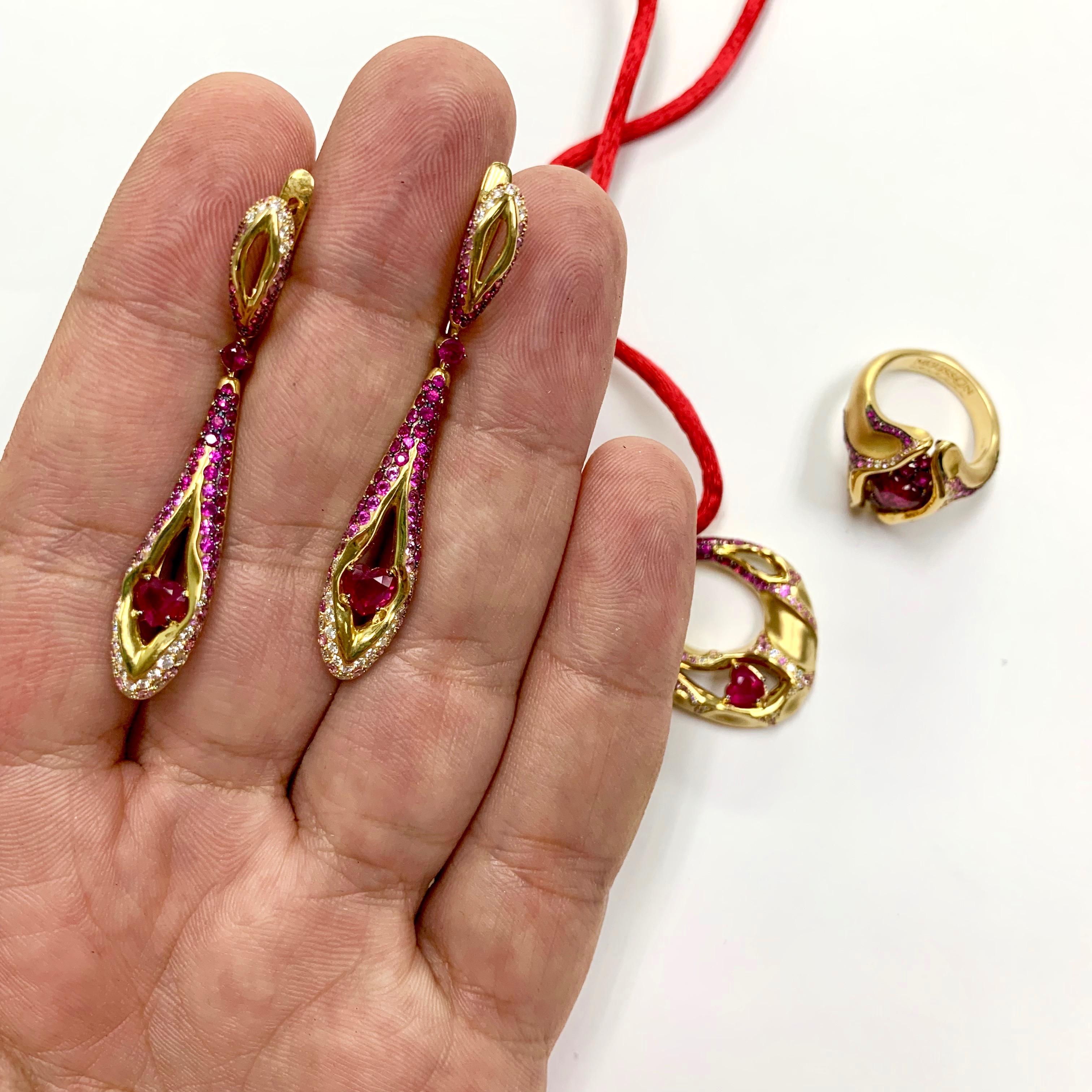 Ruby Diamond Pink Sapphire 18 Karat Yellow Gold HeartBeat Earrings For Sale 3