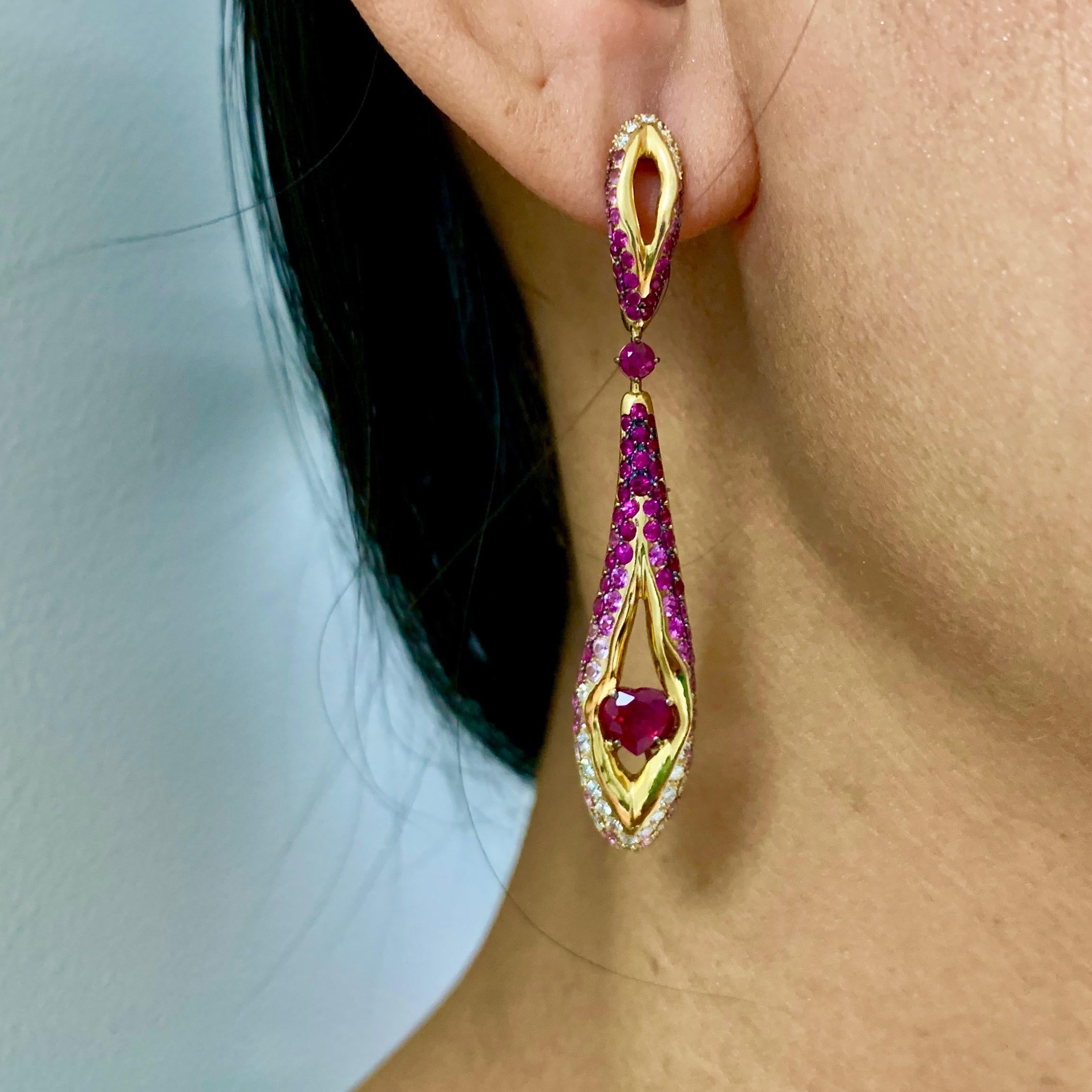 Ruby Diamond Pink Sapphire 18 Karat Yellow Gold HeartBeat Earrings For Sale 4