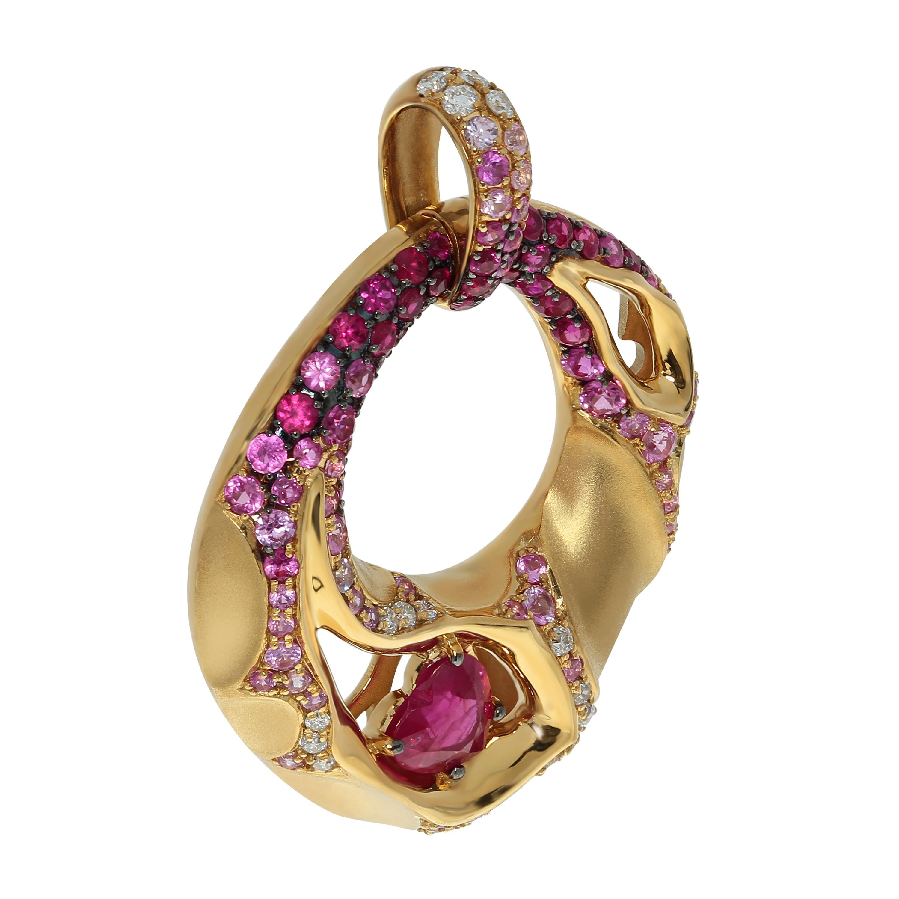 Ruby Diamond Pink Sapphire 18 Karat Yellow Gold HeartBeat Pendant
Pendant from the HeartBeat Collection. Сomposition resembles an exploded volcano, from the mouth of which lava flows from all sides. Center of the Yellow 18K Gold 