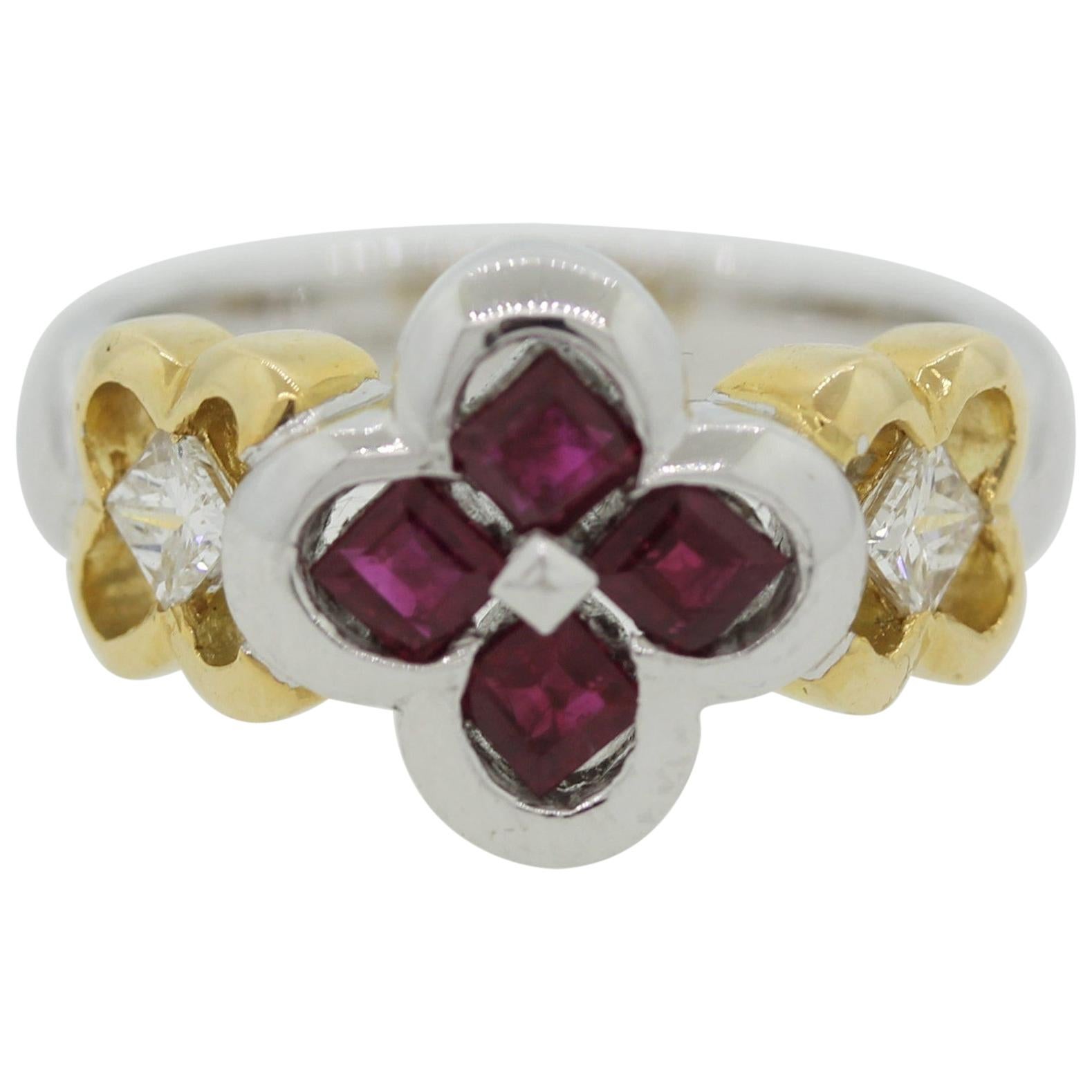 Ruby Diamond Platinum and Gold Floral Ring