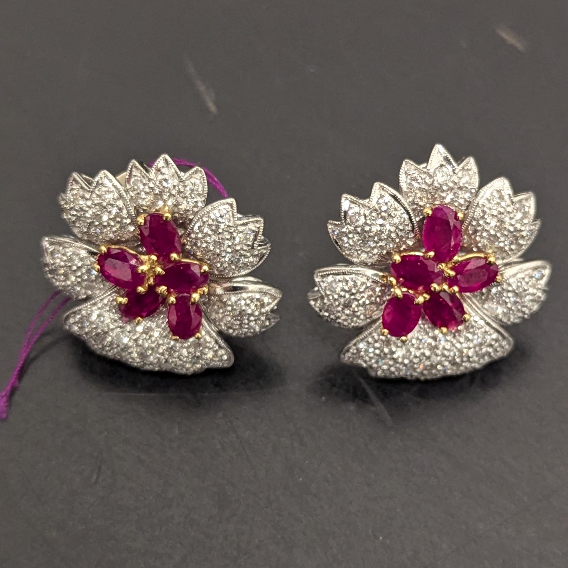 Oval Cut Ruby Diamond Platinum and Gold Flower Earrings For Sale