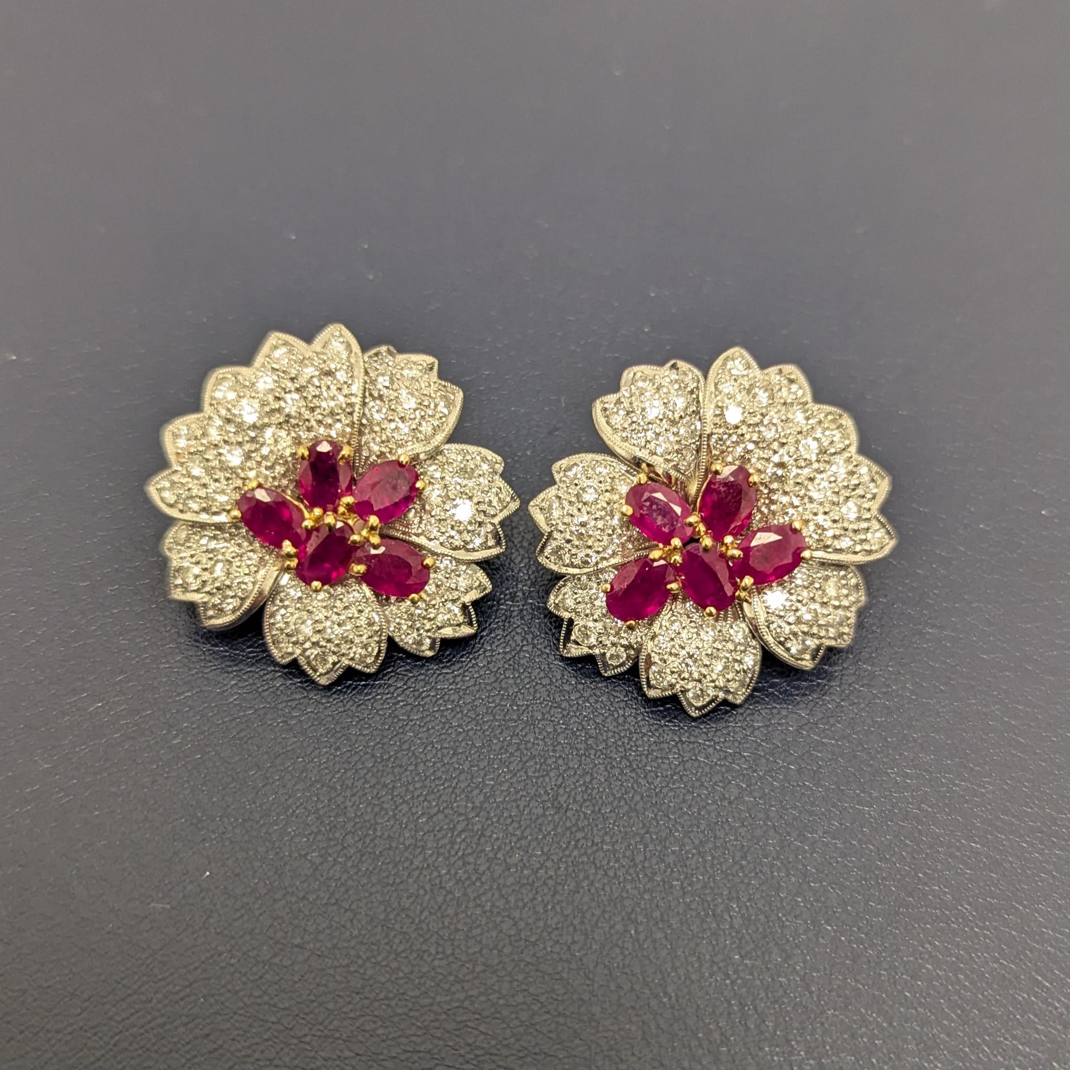 Ruby Diamond Platinum and Gold Flower Earrings In Excellent Condition For Sale In New York, NY