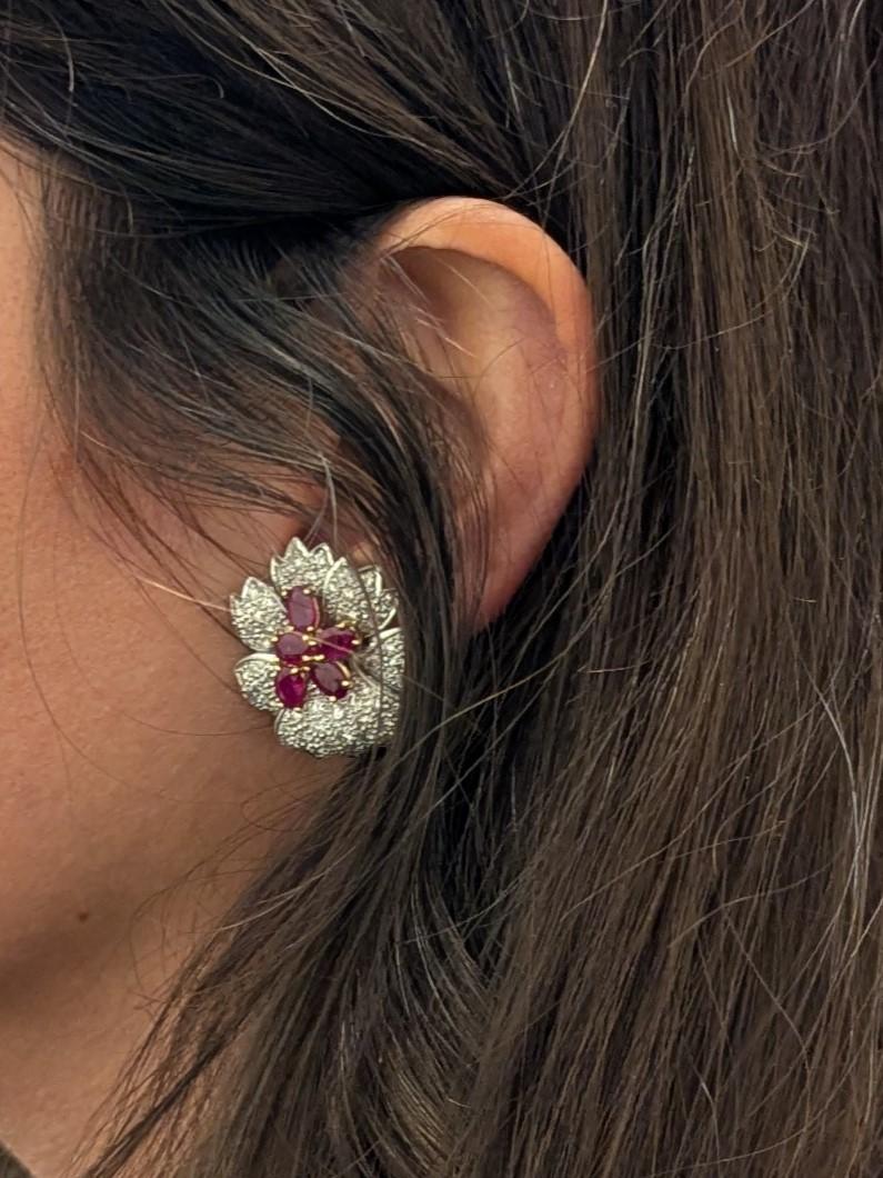 Women's Ruby Diamond Platinum and Gold Flower Earrings For Sale
