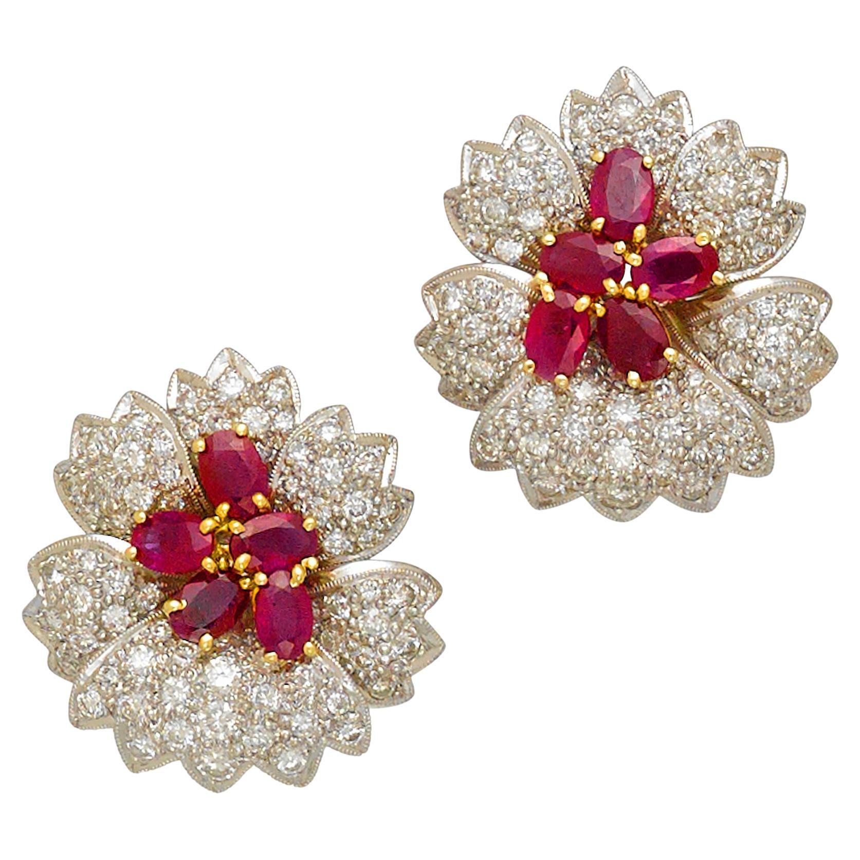 Ruby Diamond Platinum and Gold Flower Earrings