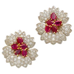 Ruby Diamond Platinum and Gold Flower Earrings