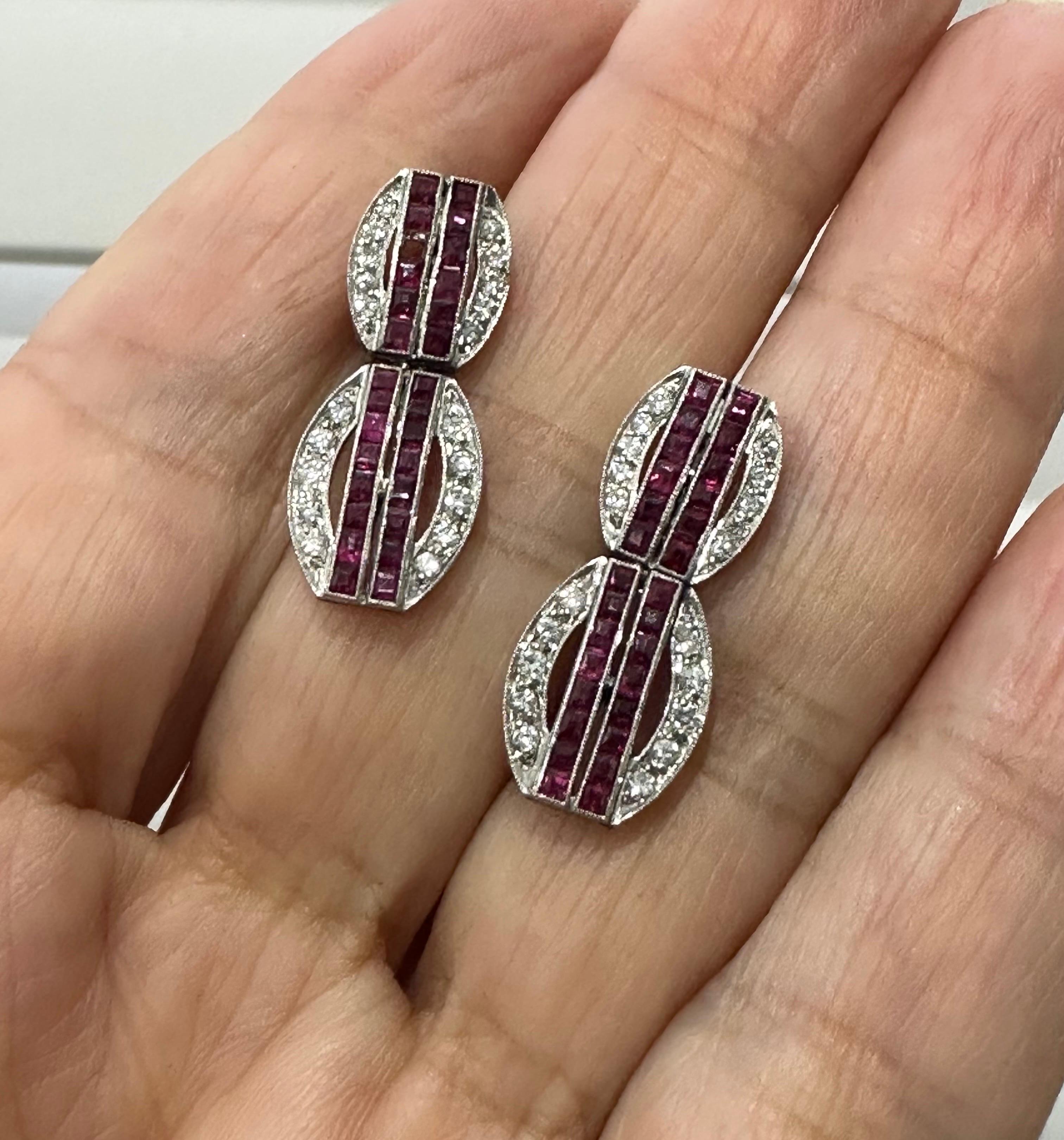Round Cut Mindi Mond Ruby Diamond Art Deco Platinum Drop Earrings  For Sale
