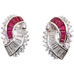 Ruby Diamond Platinum Baguette Earrings