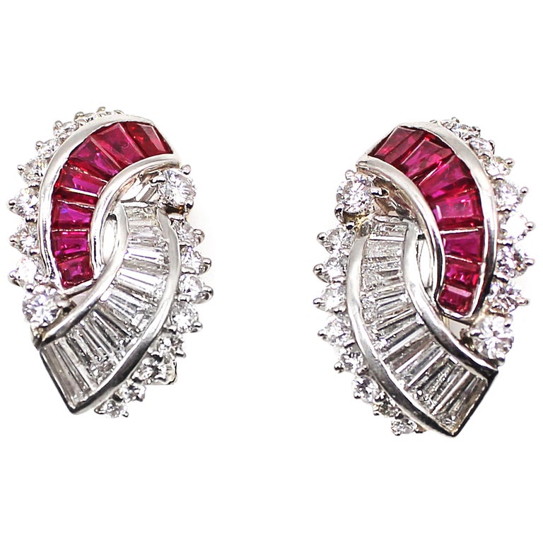 Ruby Diamond Platinum Baguette Earrings at 1stDibs