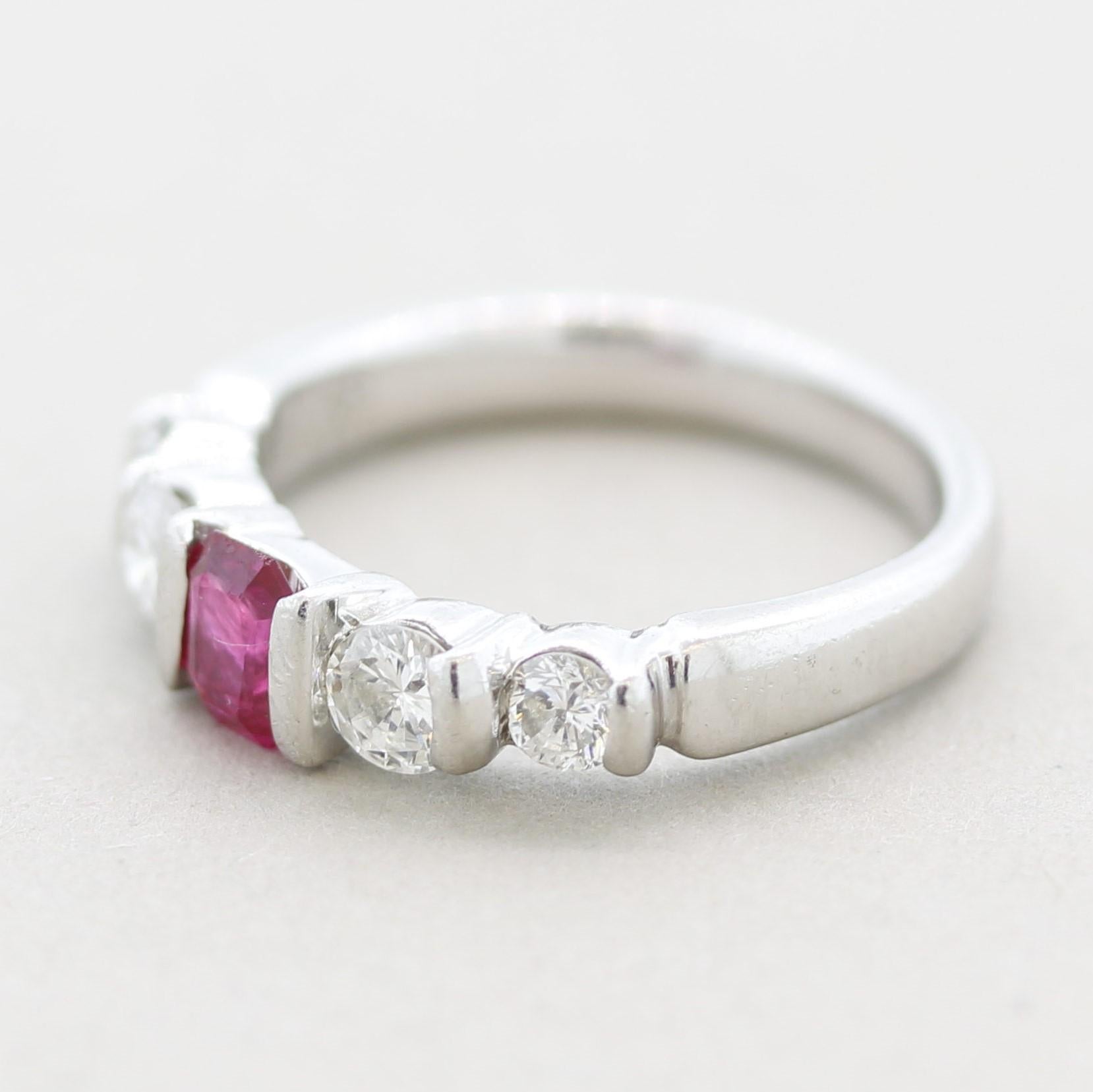 Mixed Cut Ruby Diamond Platinum Band Ring For Sale