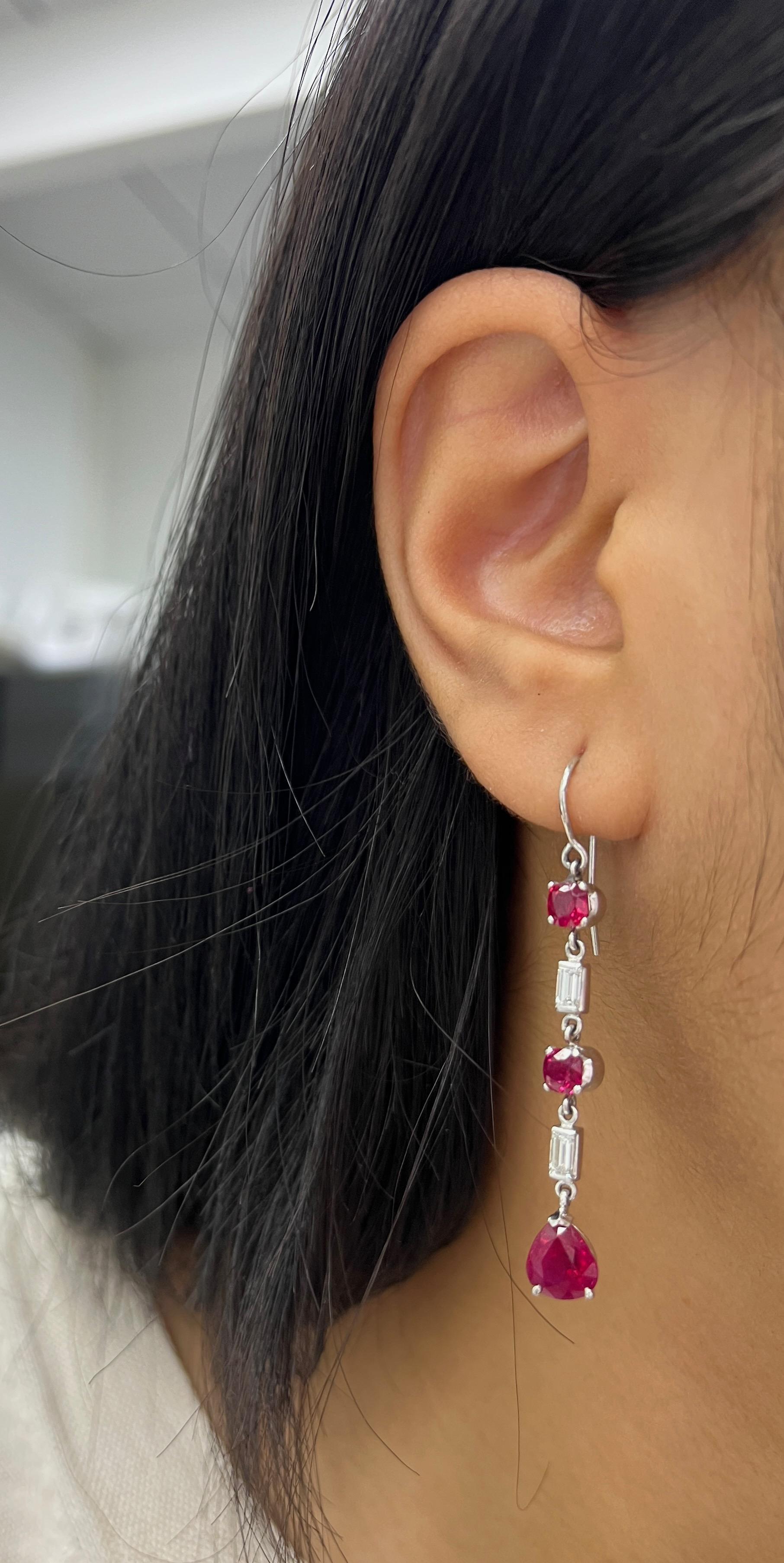 Ruby Diamond Platinum Dangling Hook Earrings For Sale 5