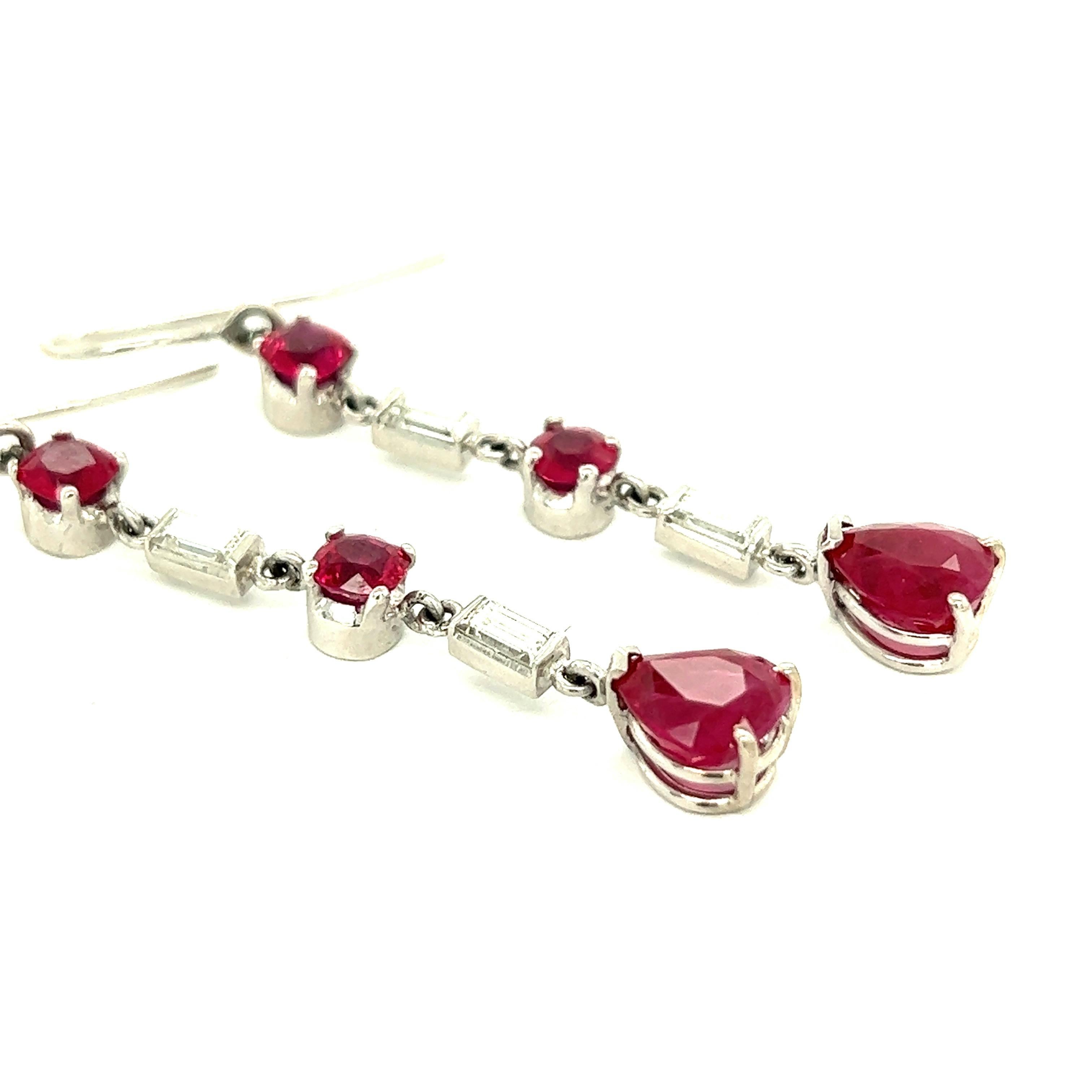 Ruby Diamond Platinum Dangling Hook Earrings In Excellent Condition For Sale In New York, NY