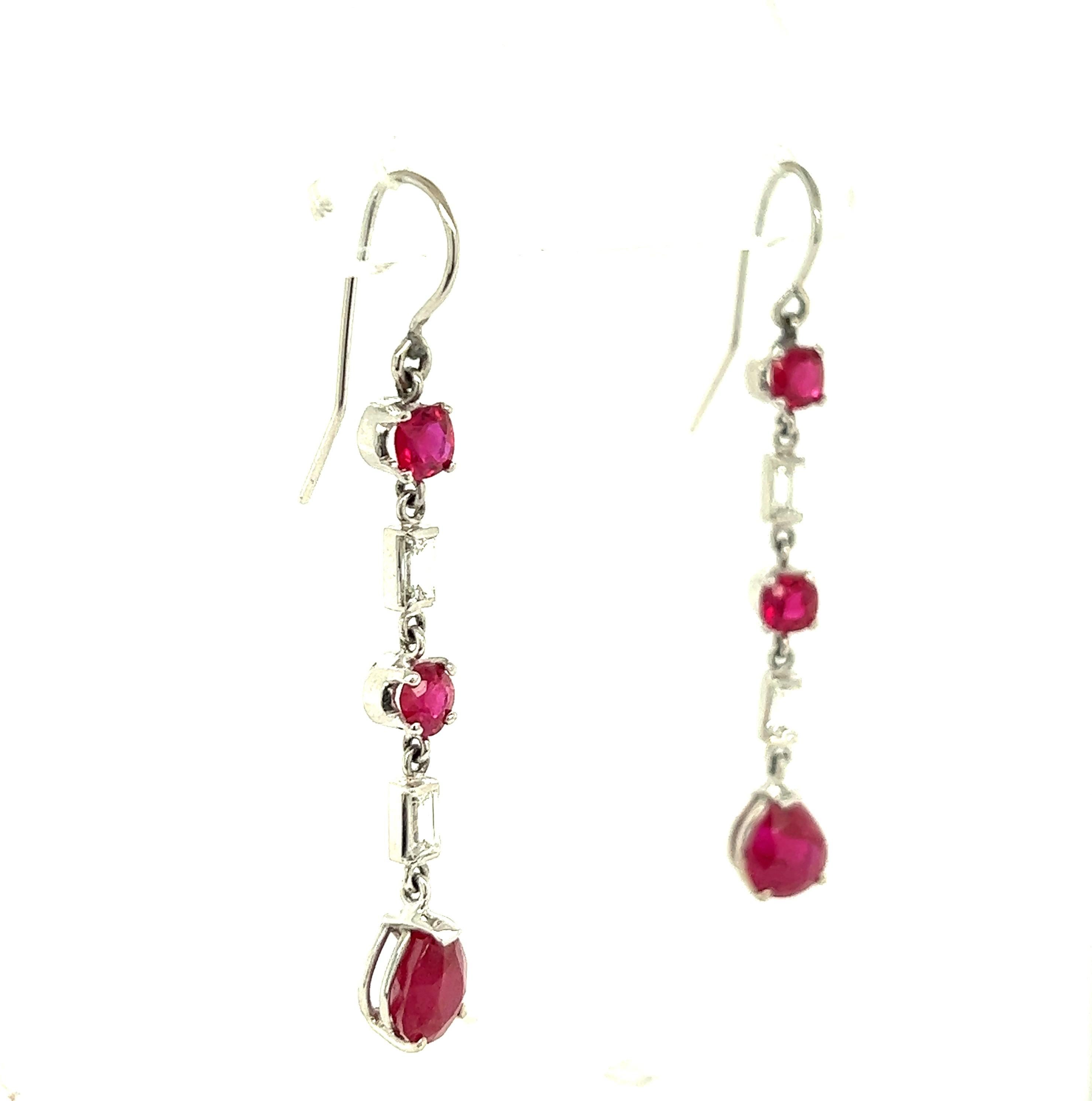 Women's Ruby Diamond Platinum Dangling Hook Earrings For Sale