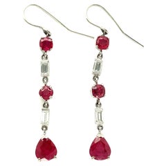 Ruby Diamond Platinum Dangling Hook Earrings