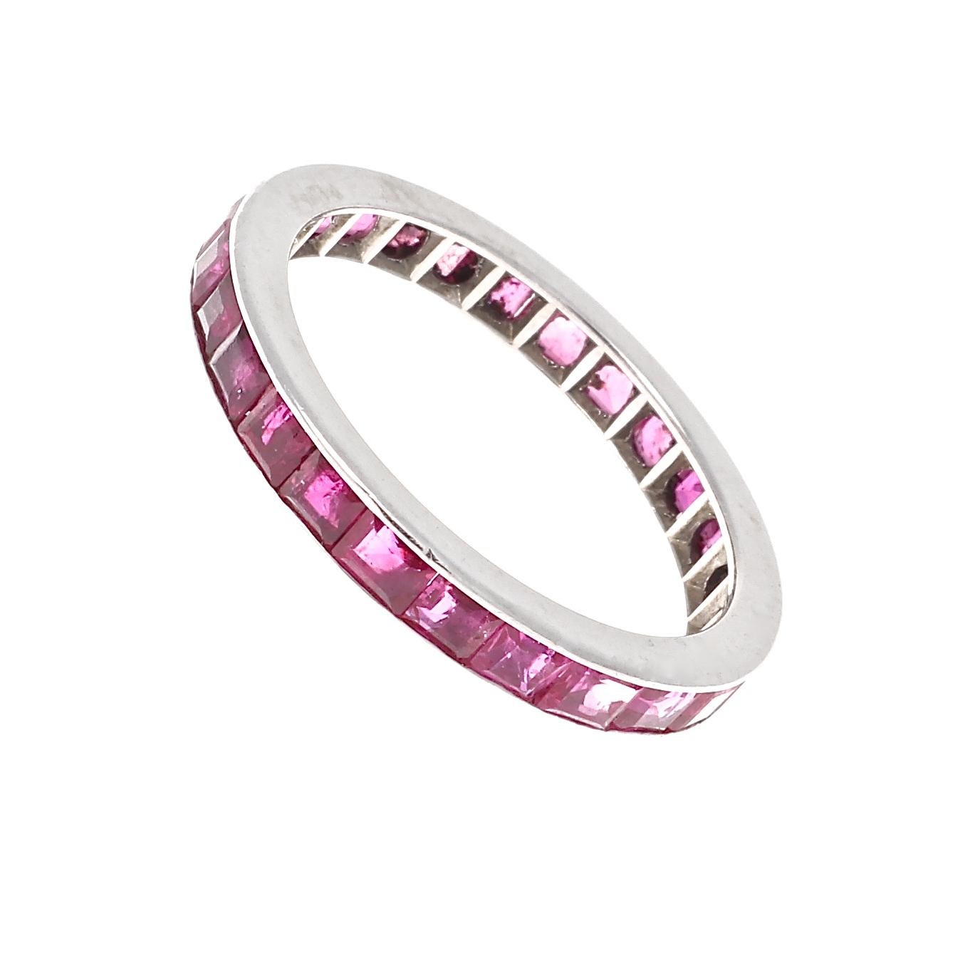 Eternity ring, also known as infinity ring, is designed as a symbol of everlasting love as well as the ‘eternity’ a couple plan to share together. Fashioned with perfectly calibrated vibrant red rubies, each one cut perfectly to fit in the expertly