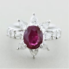 Ruby Diamond Platinum Flower Ring, GIA Certified