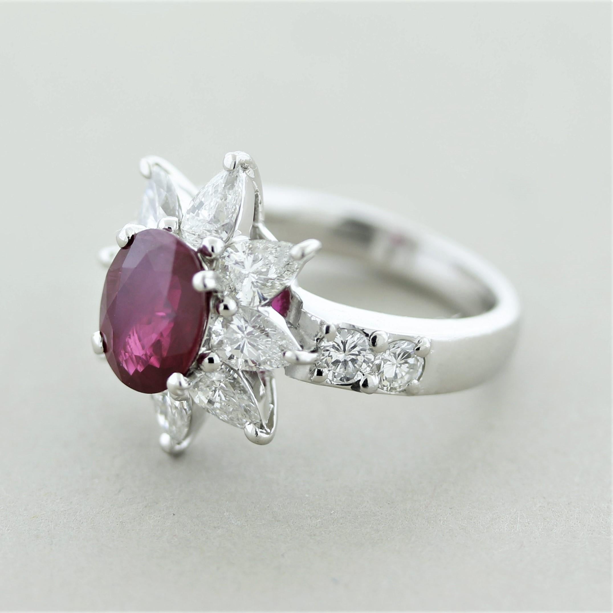 Mixed Cut Ruby Diamond Platinum Flower Ring, GIA Certified For Sale