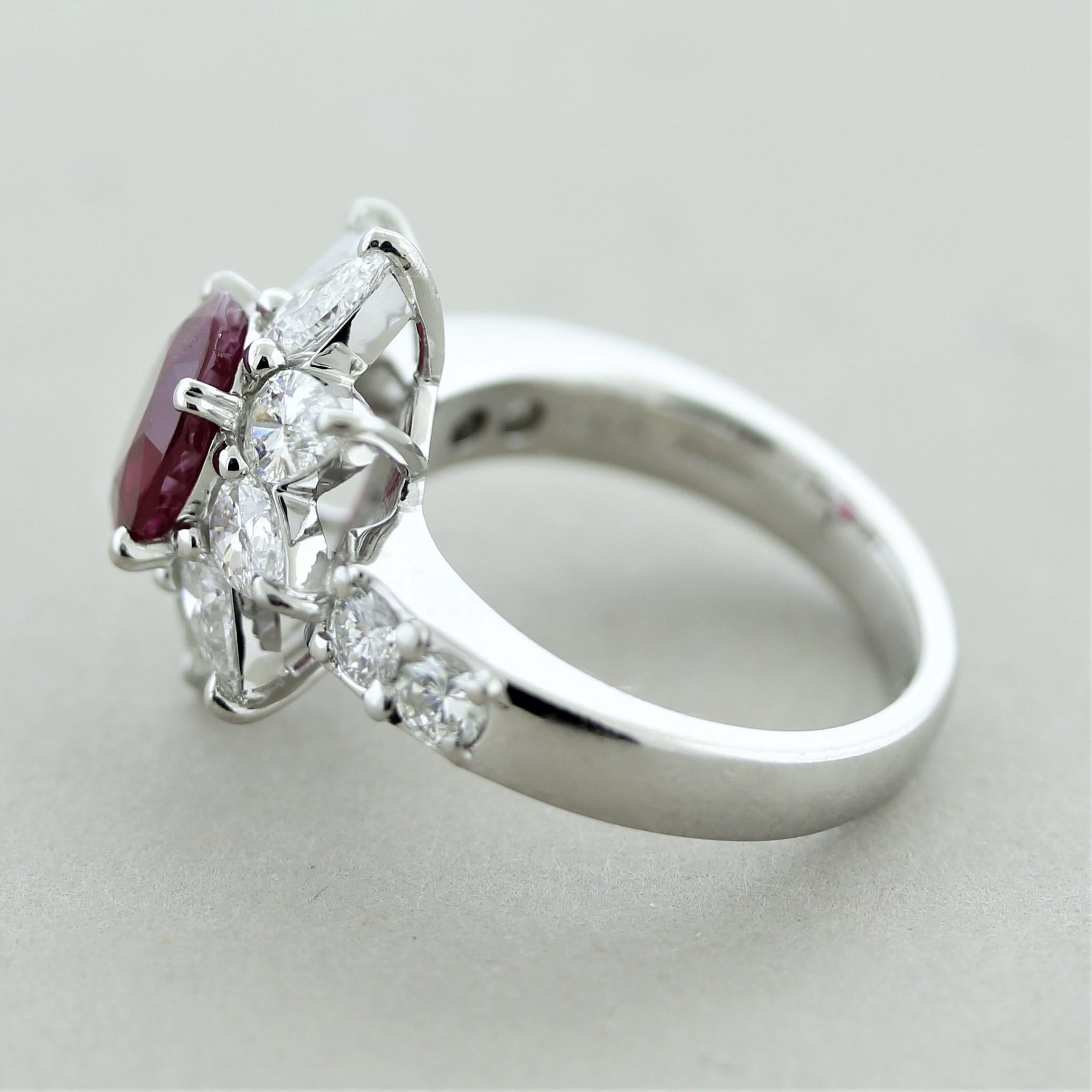 Ruby Diamond Platinum Flower Ring, GIA Certified In New Condition For Sale In Beverly Hills, CA