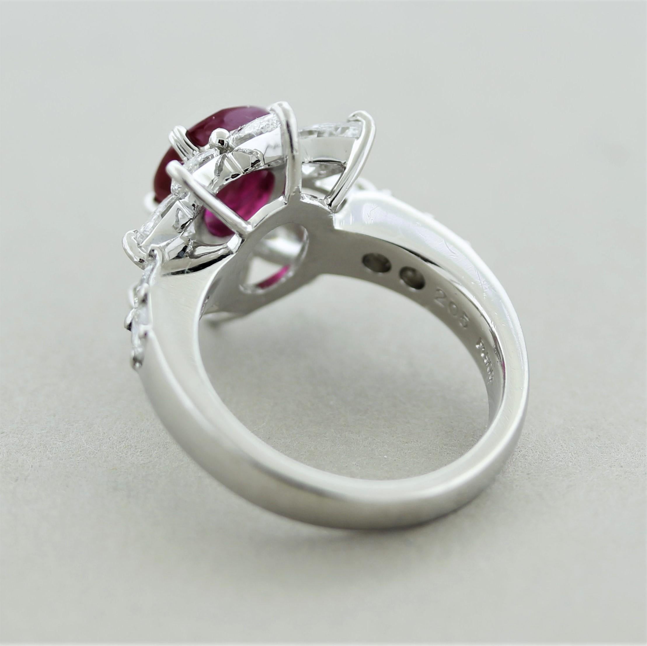 Women's Ruby Diamond Platinum Flower Ring, GIA Certified For Sale