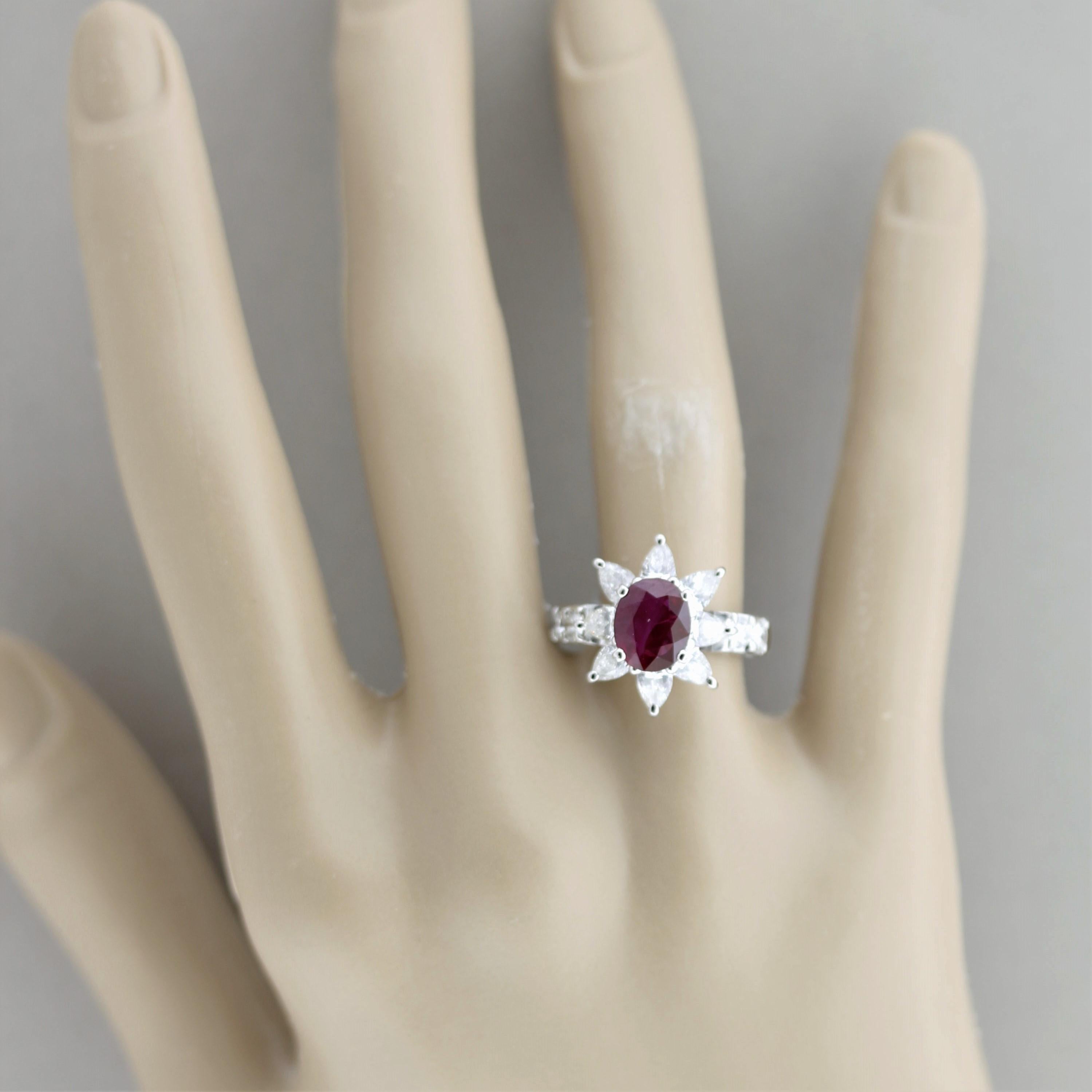 Ruby Diamond Platinum Flower Ring, GIA Certified For Sale 4