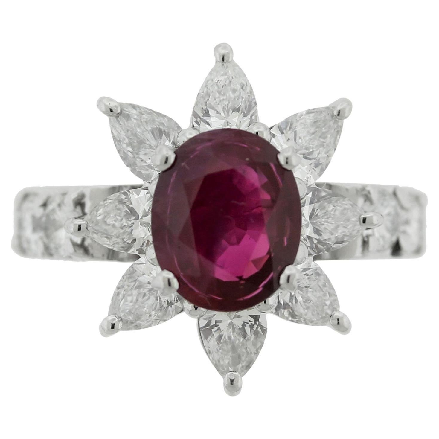 Ruby Diamond Platinum Flower Ring, GIA Certified For Sale